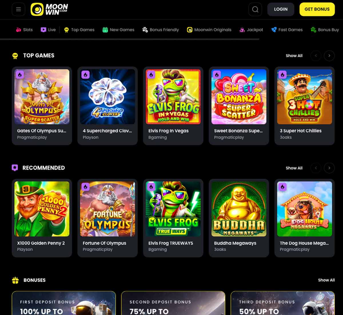MoonWin Casino desktop homepage screenshot showing hero banners, navigation menu, featured games and promotional sections on the main landing page - tested