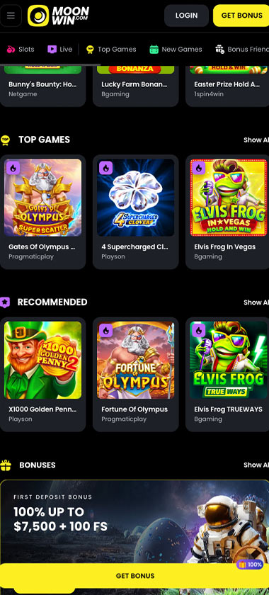 MoonWin Casino mobile homepage screenshot showing hero banners, navigation menu, featured games and promotional sections on smartphone interface - tested