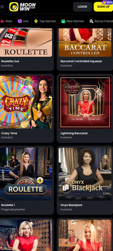 MoonWin Casino mobile live casino screenshot showing live dealer tables, game thumbnails and lobby interface on smartphone - tested