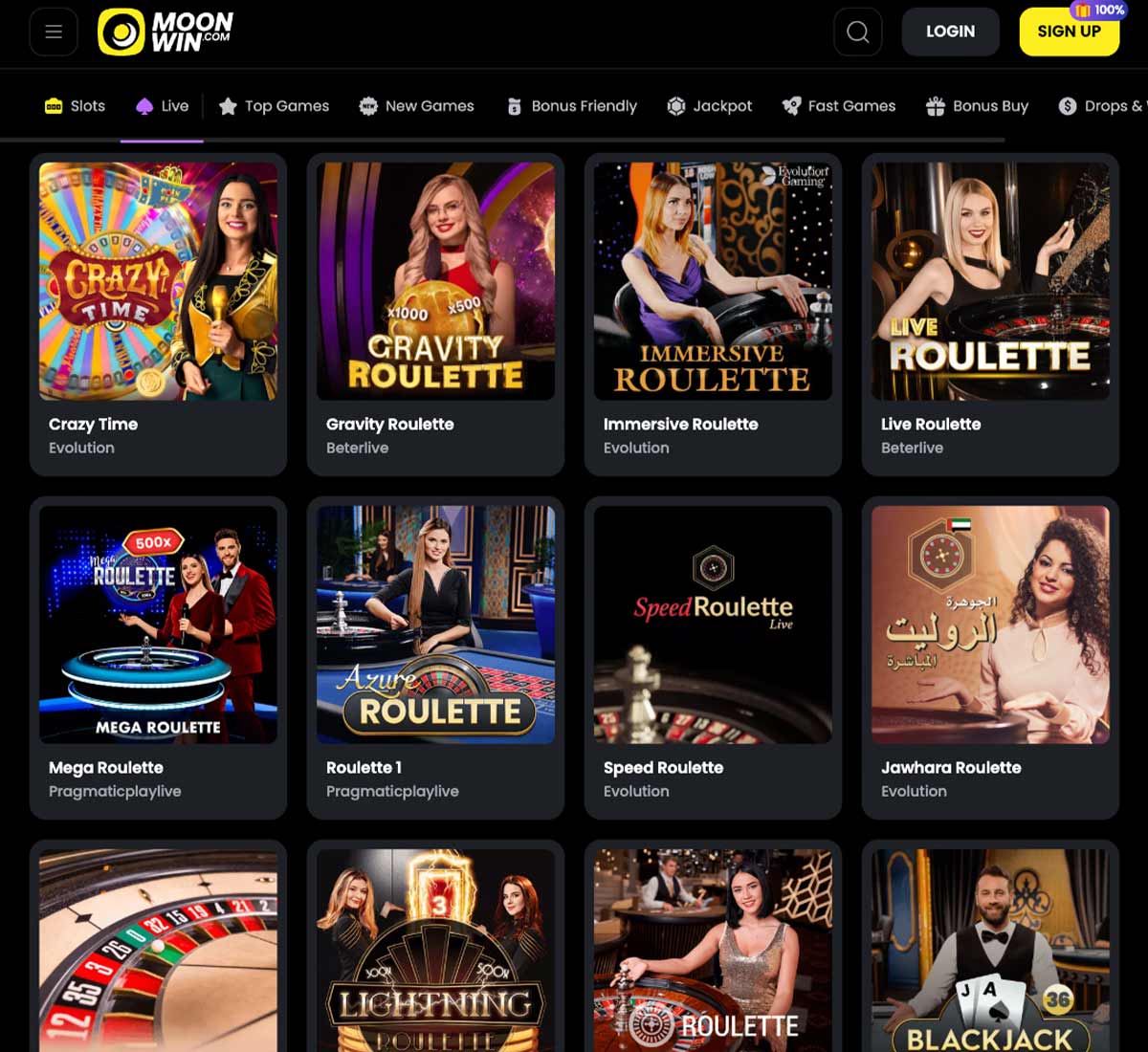 MoonWin Casino live casino games collection review screenshot displaying live dealer tables, game selection and categories within the live casino lobby - tested