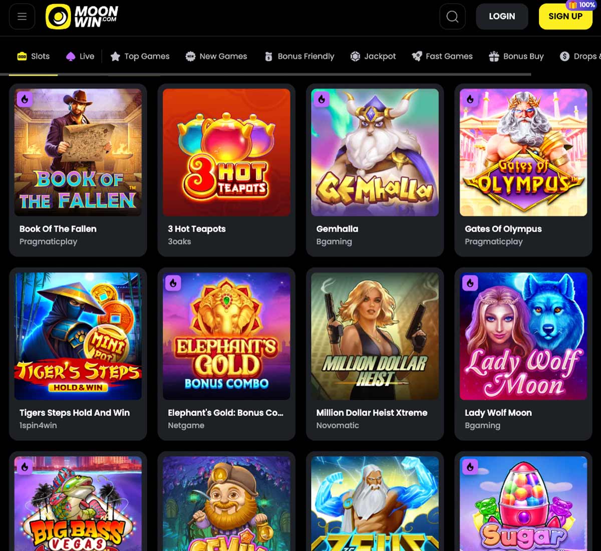 MoonWin Casino slots variety review screenshot showing diverse slot game selection with categories, featured titles and game thumbnails on desktop interface - tested