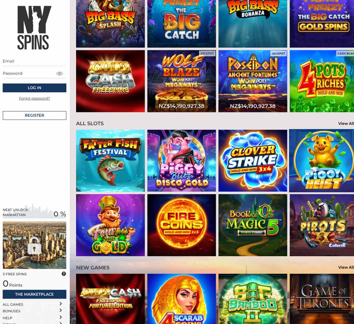 NYspins Casino desktop homepage screenshot showing hero banners, navigation menu, featured games and promotional sections on the main landing page - tested