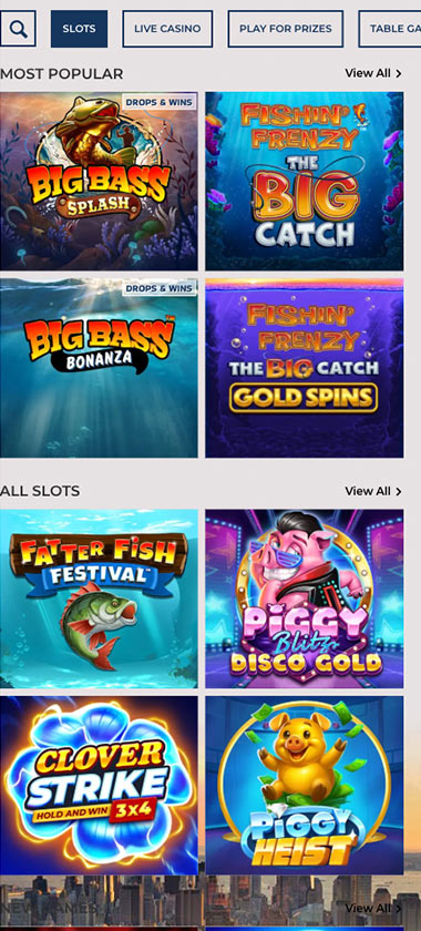 NYspins Casino mobile slots screenshot showing slot game library with featured titles, categories and navigation on smartphone interface - tested