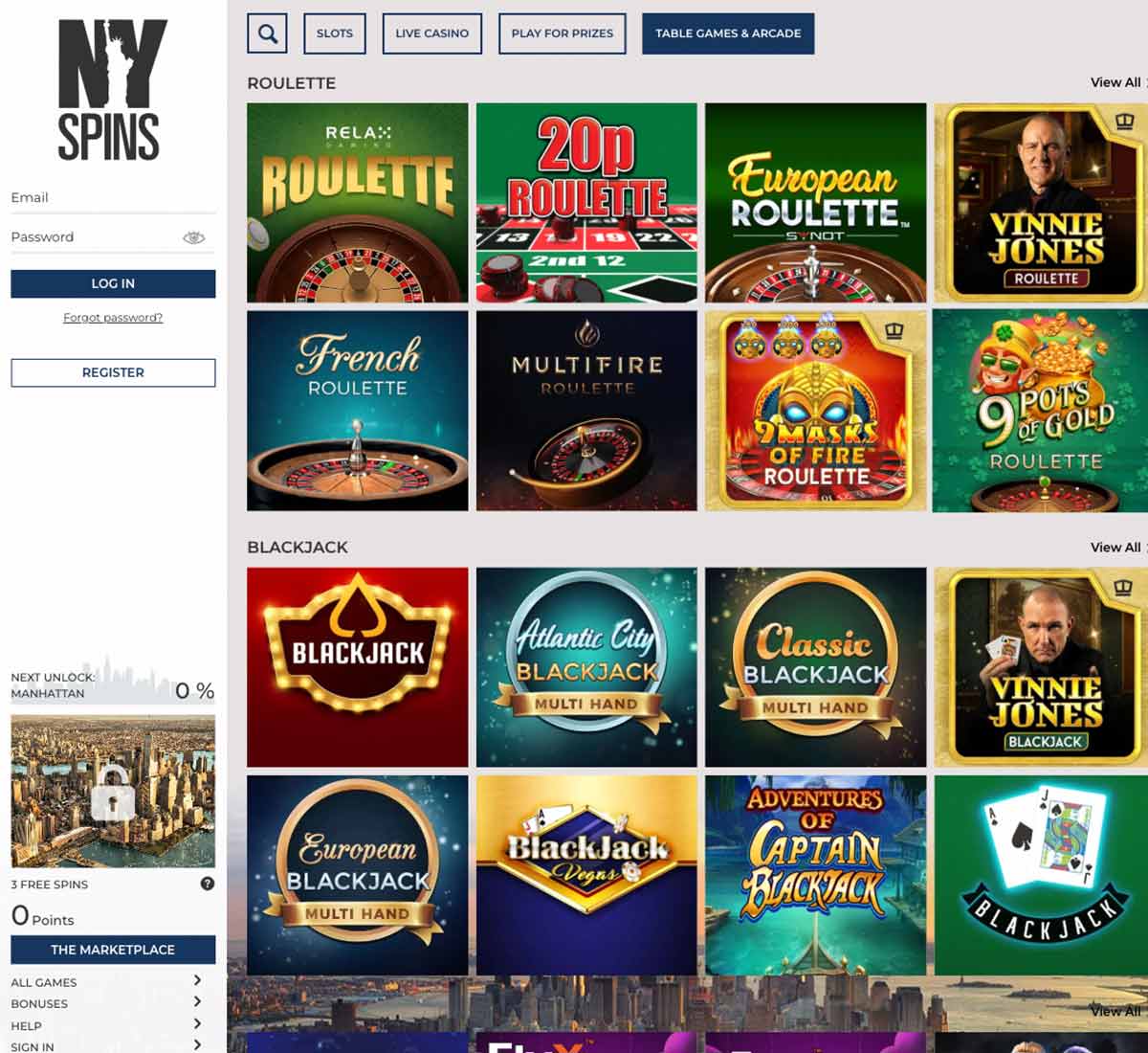 NYspins Casino desktop table games screenshot displaying blackjack, roulette and other table games with categories and filtering options on widescreen interface - tested NYspins Casino desktop table games screenshot displaying blackjack, roulette and other table games with categories and filtering options on widescreen interface - tested