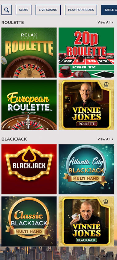 NYspins Casino mobile table games screenshot showing blackjack, roulette and other table games with categories and navigation on smartphone interface - tested