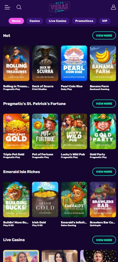 Neon Vegas Casino mobile homepage screenshot showing hero banners, navigation menu, featured games and promotional sections on smartphone interface - tested