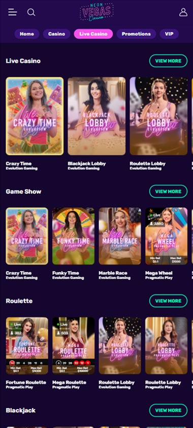 Neon Vegas Casino mobile live casino screenshot showing live dealer tables, game thumbnails and lobby interface on smartphone - tested