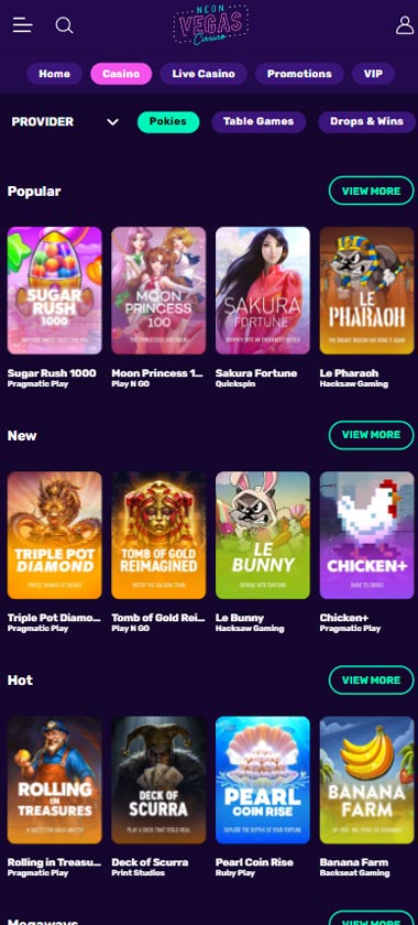 Neon Vegas Casino mobile slots screenshot showing slot game library with featured titles, categories and navigation on smartphone interface - tested