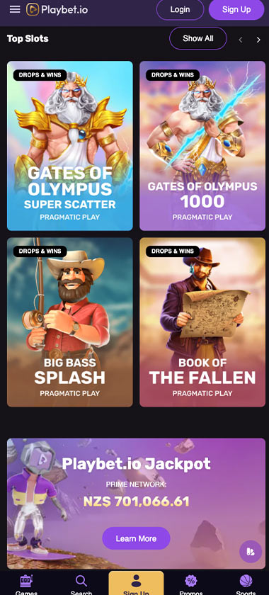 Playbet.io Casino mobile homepage screenshot showing hero banners, navigation menu, featured games and promotional sections on smartphone interface - tested