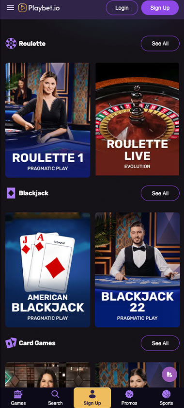 Playbet.io Casino mobile live casino screenshot showing live dealer tables, game thumbnails and lobby interface on smartphone - tested