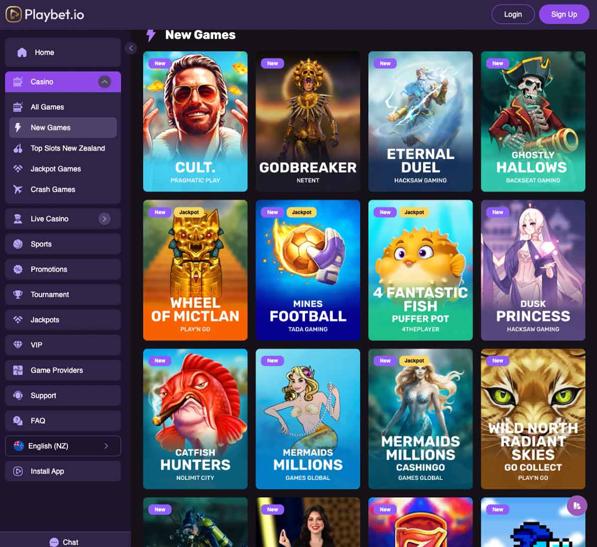 Playbet.io Casino desktop new games screenshot displaying recently released titles with categories, featured games and filtering options on widescreen interface - tested