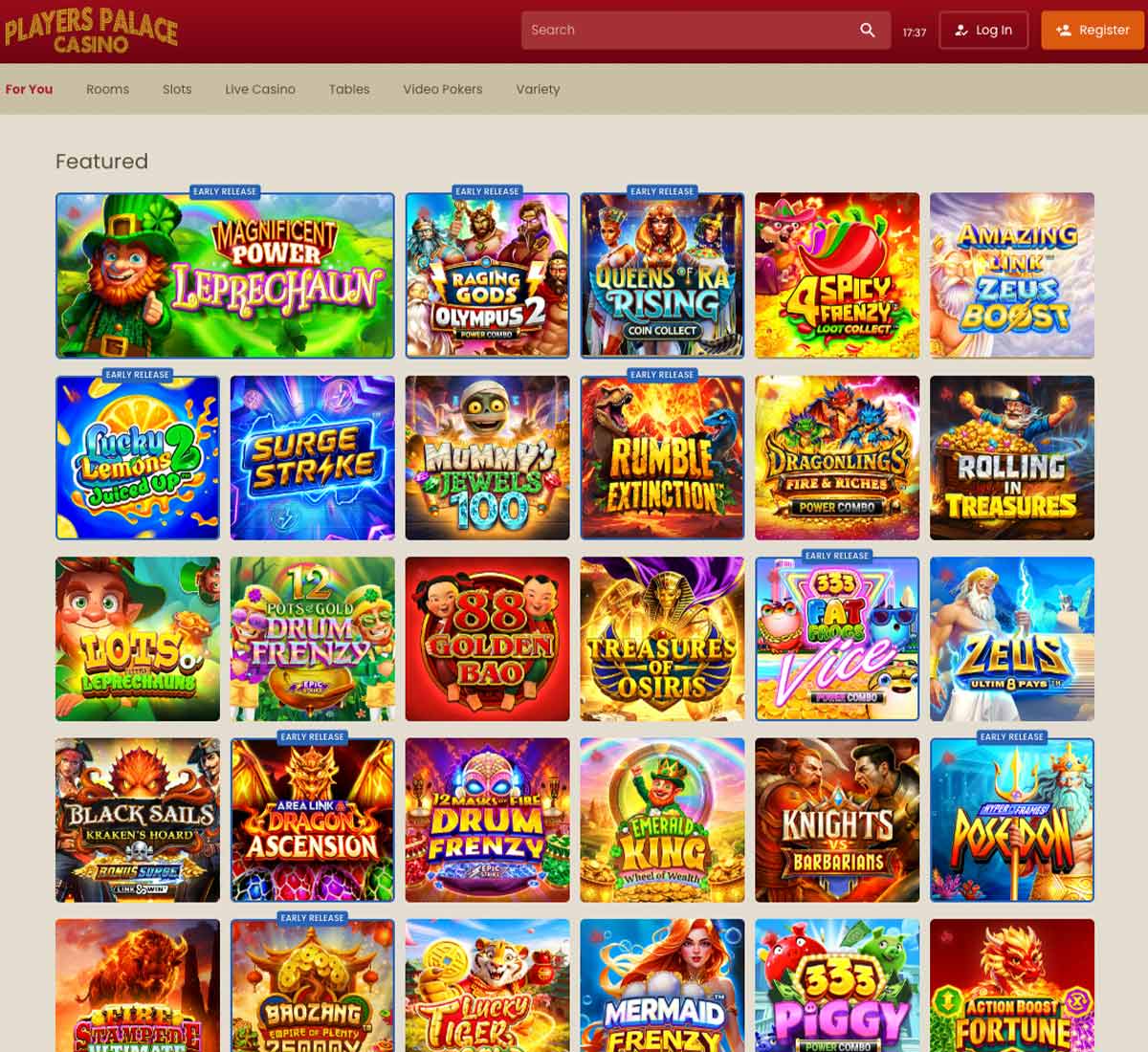 Players Palace Casino desktop home page screenshot showing main navigation, featured games and promotional banners - tested