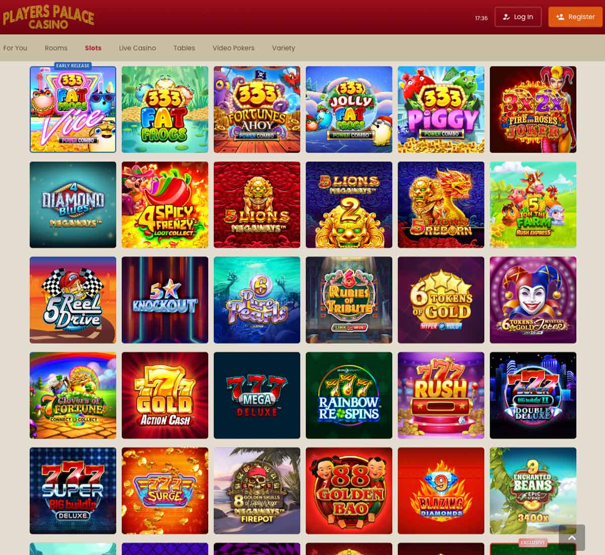 Players Palace Casino desktop slots variety screenshot showing multiple slot categories, featured games and provider filters - tested