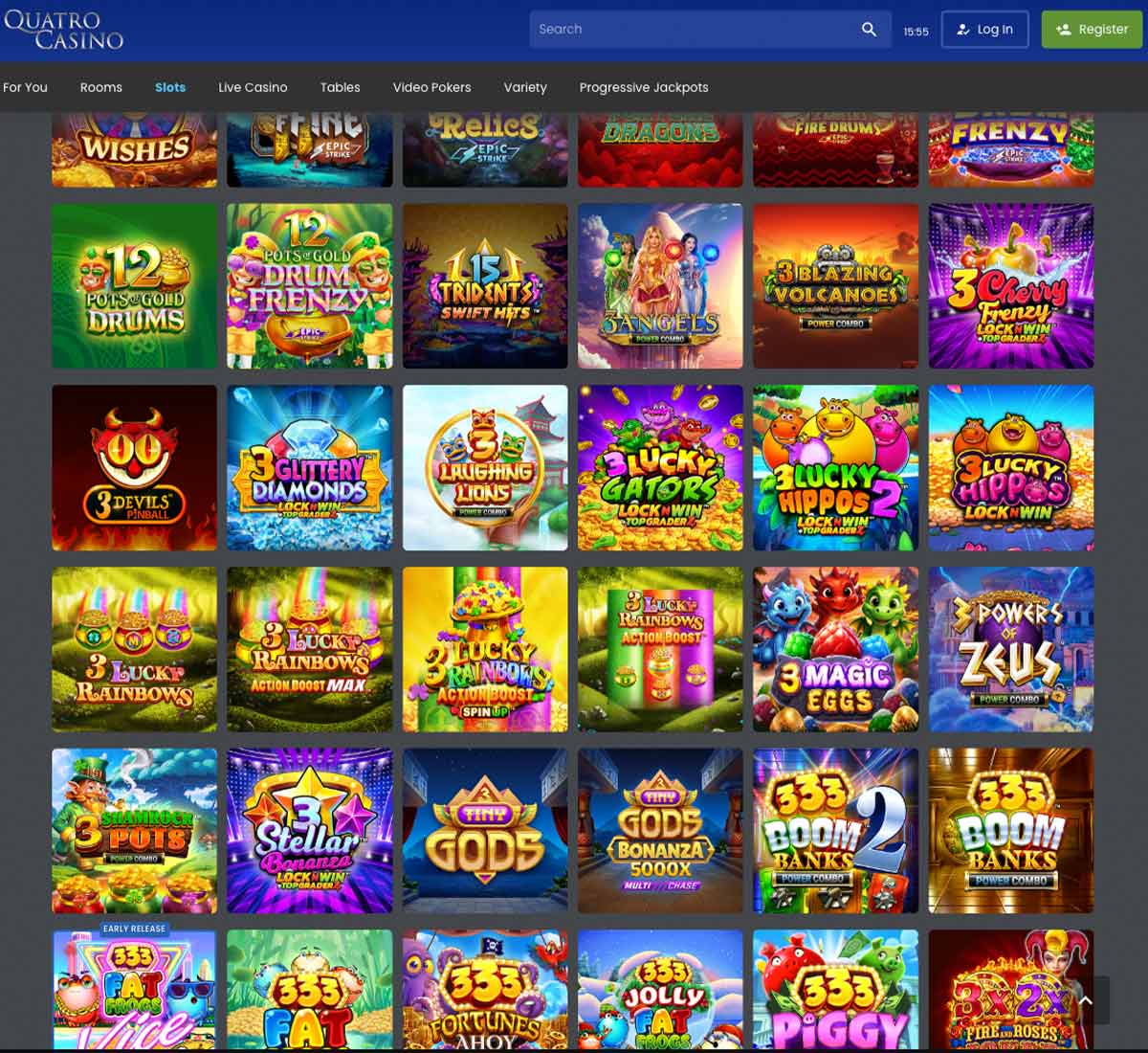 Quatro Casino desktop slots variety screenshot showing multiple slot categories, featured games and provider filters - tested