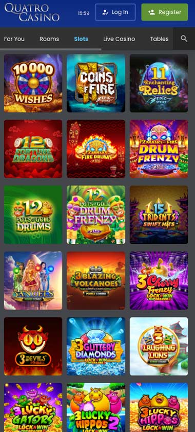 Quatro Casino mobile slots variety screenshot displaying featured slots, categories and touch-optimized navigation - tested