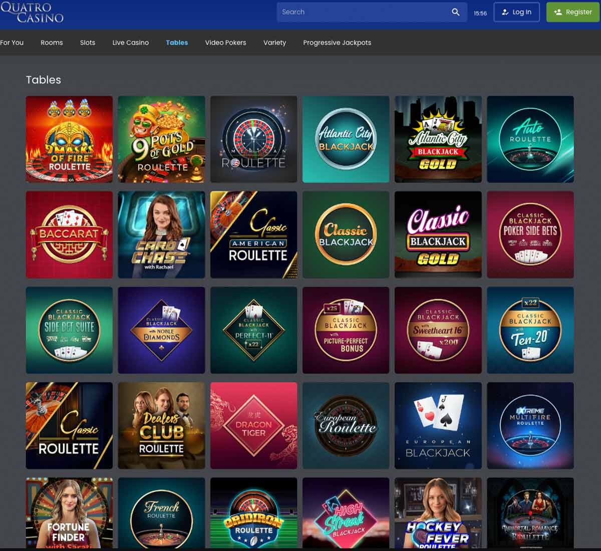 Quatro Casino desktop table games collection screenshot showing various table games, categories and filtering options - tested