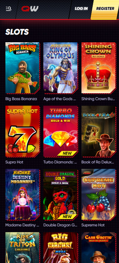 QuickWin Casino mobile slots review screenshot showing slot game library with featured titles, categories and navigation on smartphone interface - tested