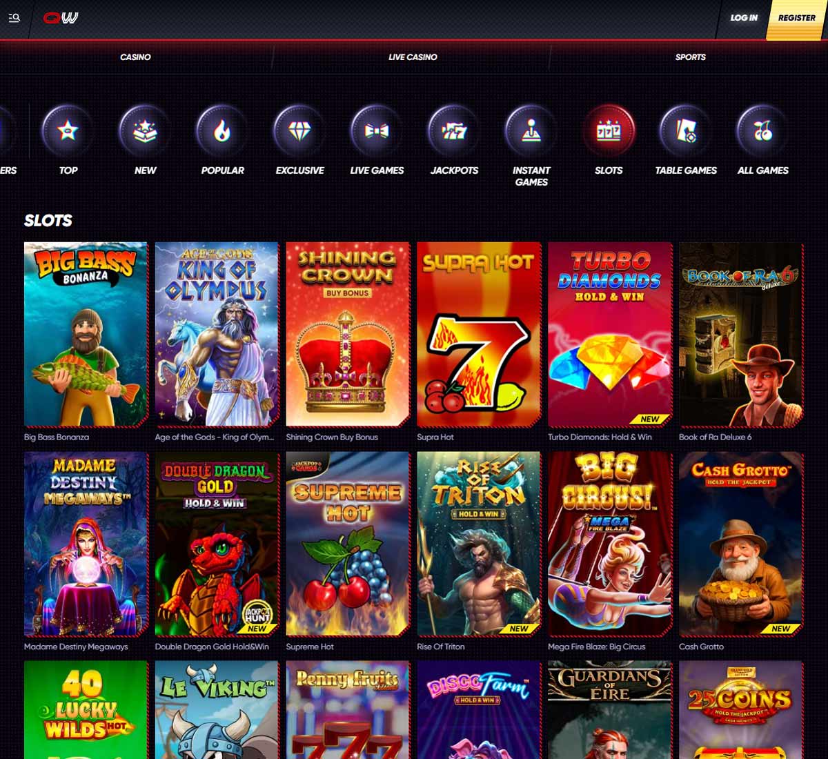 QuickWin Casino slots variety review screenshot showing diverse slot game selection with categories, featured titles and game thumbnails on desktop interface - tested