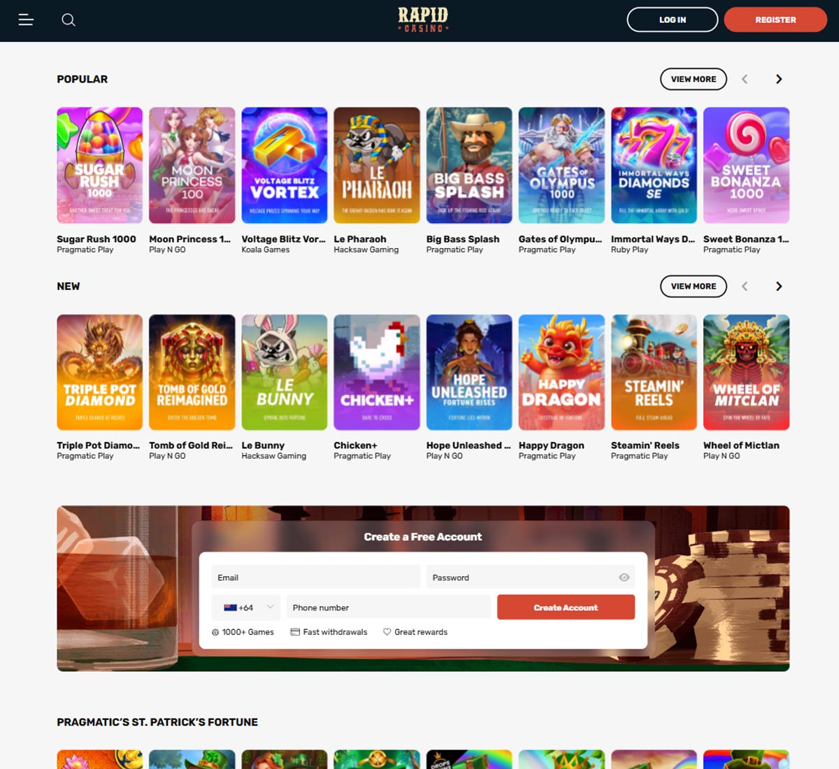 Rapid Casino desktop homepage screenshot showing hero banners, navigation menu, featured games and promotional sections on the main landing page - tested Rapid Casino desktop homepage screenshot showing hero banners, navigation menu, featured games and promotional sections on the main landing page - tested