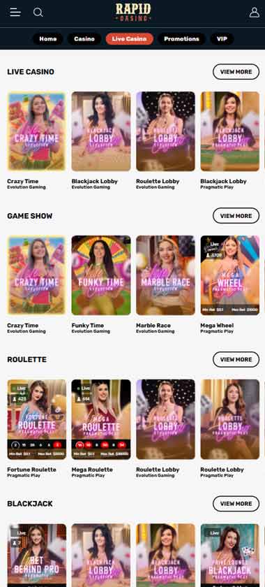 Rapid Casino mobile live casino screenshot showing live dealer tables, game thumbnails and lobby interface on smartphone - tested
