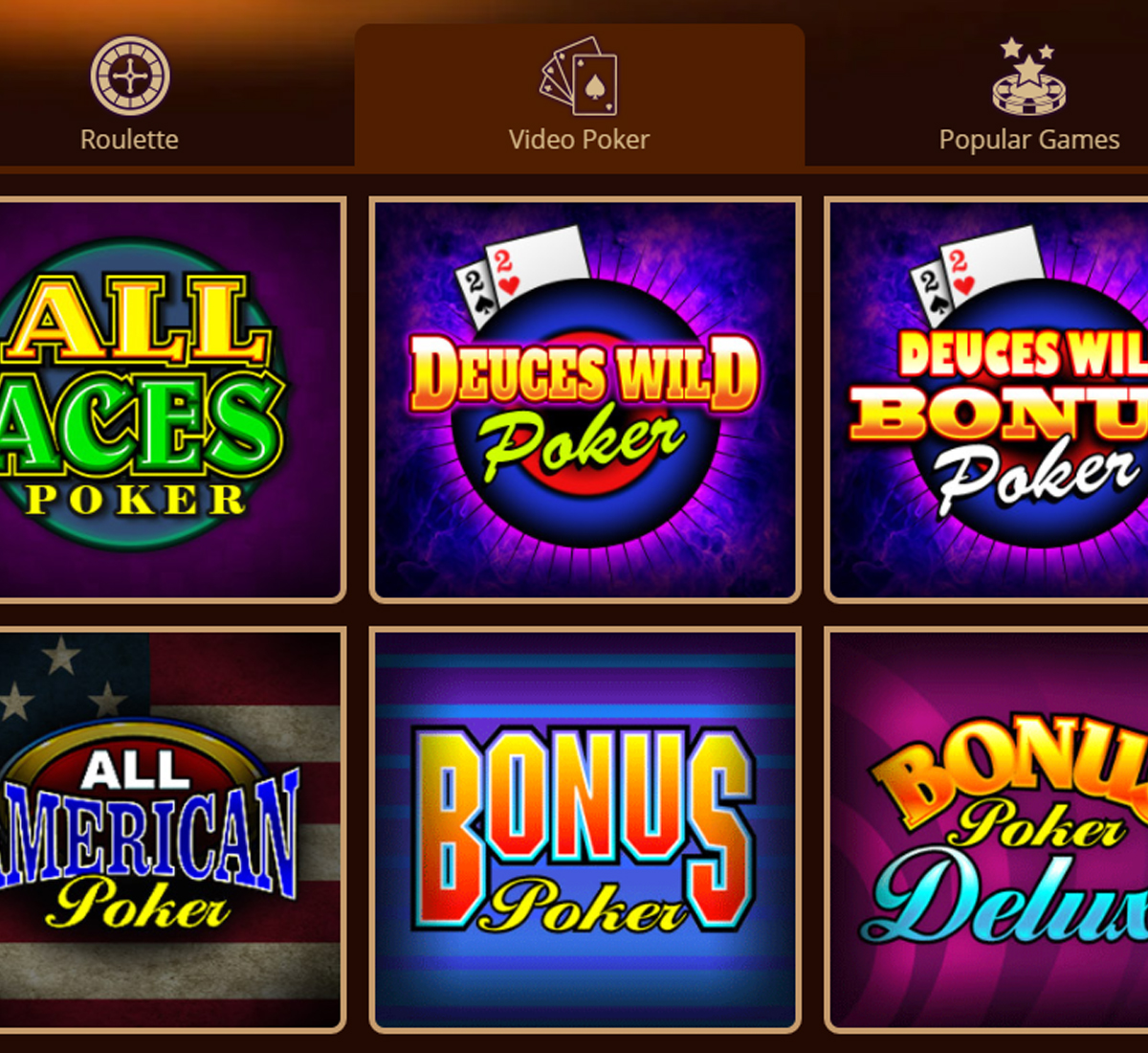 River Belle Casino desktop video poker collection screenshot showing various video poker games, categories and filtering options - tested