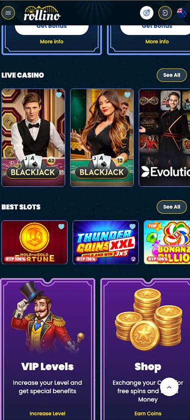 Rollino Casino mobile homepage screenshot showing hero banners, navigation menu, featured games and promotional sections on smartphone interface - tested
