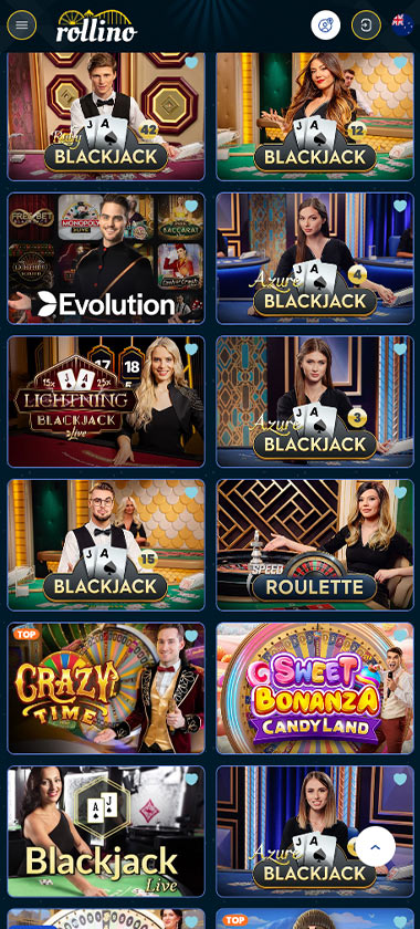 Rollino Casino mobile live casino screenshot showing live dealer tables, game thumbnails and lobby interface on smartphone - tested