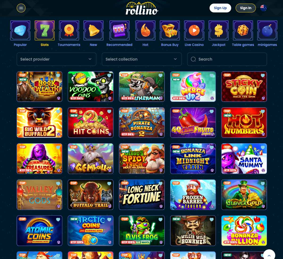 Rollino Casino desktop slots screenshot displaying full game library with categories, featured slots and filtering options on widescreen interface - tested Rollino Casino desktop slots screenshot displaying full game library with categories, featured slots and filtering options on widescreen interface - tested