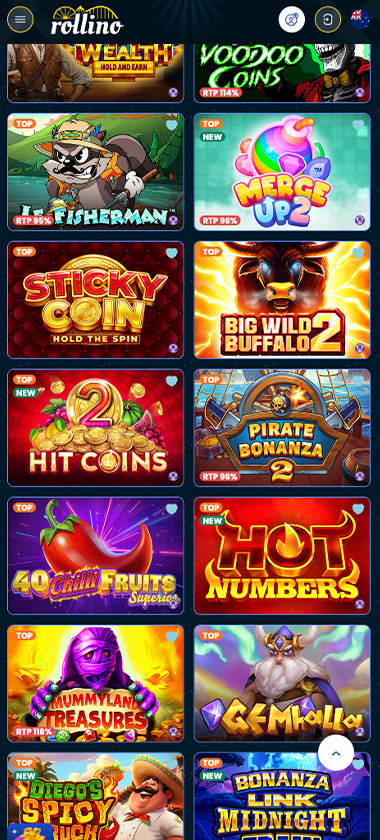 Rollino Casino mobile slots screenshot showing slot game library with featured titles, categories and navigation on smartphone interface - tested