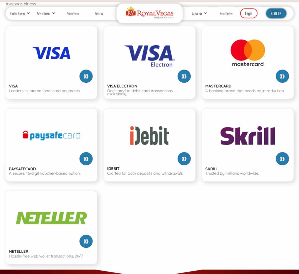 Royal Vegas Casino desktop banking options screenshot displaying available deposit and withdrawal methods including cards, e-wallets and cryptocurrencies - tested