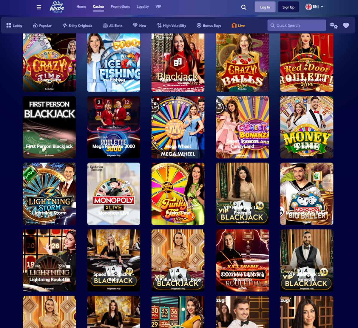 ShinyWilds Casino desktop Live dealer games collection screenshot showing roulette, blackjack and baccarat tables in lobby view with categories and provider filters - tested