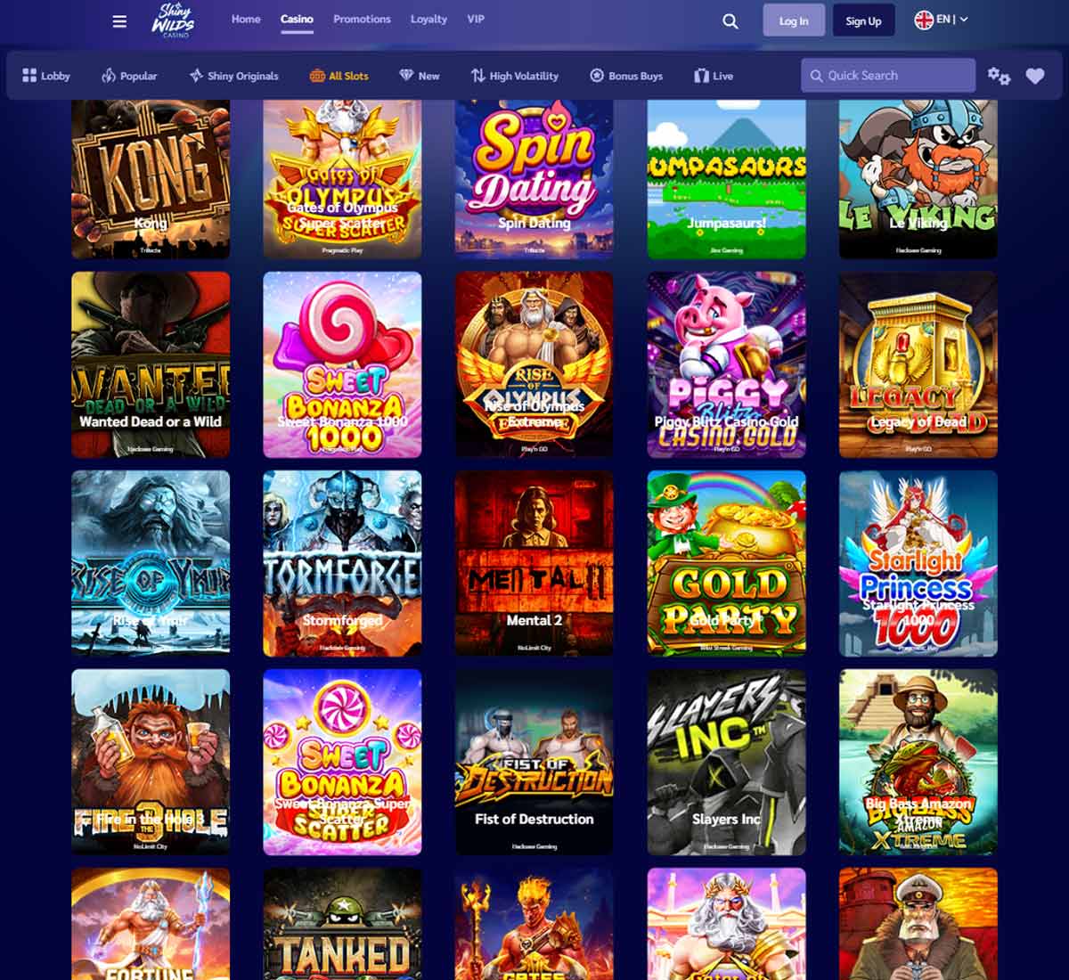ShinyWilds Casino desktop Slots screenshot showing multiple slot categories, featured games and provider filters - tested