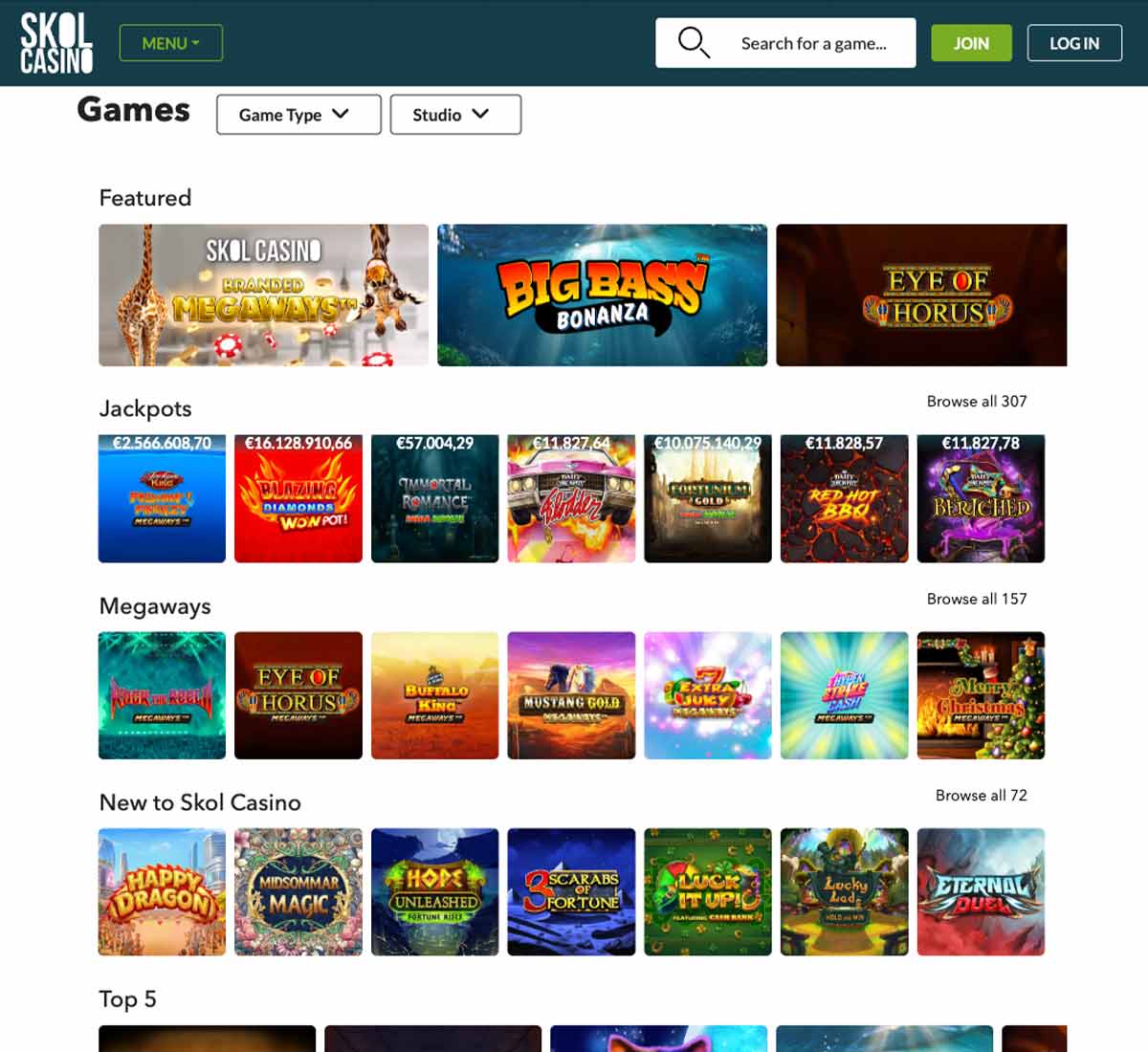 Skol Casino mobile all games section - captured during our review Skol Casino mobile all games section - captured during our review