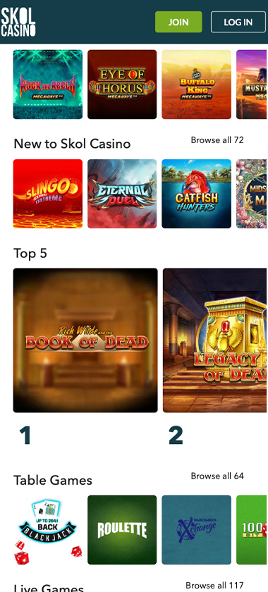 Skol Casino mobile all games screenshot showing full game library with categories, featured titles and navigation on smartphone interface - tested