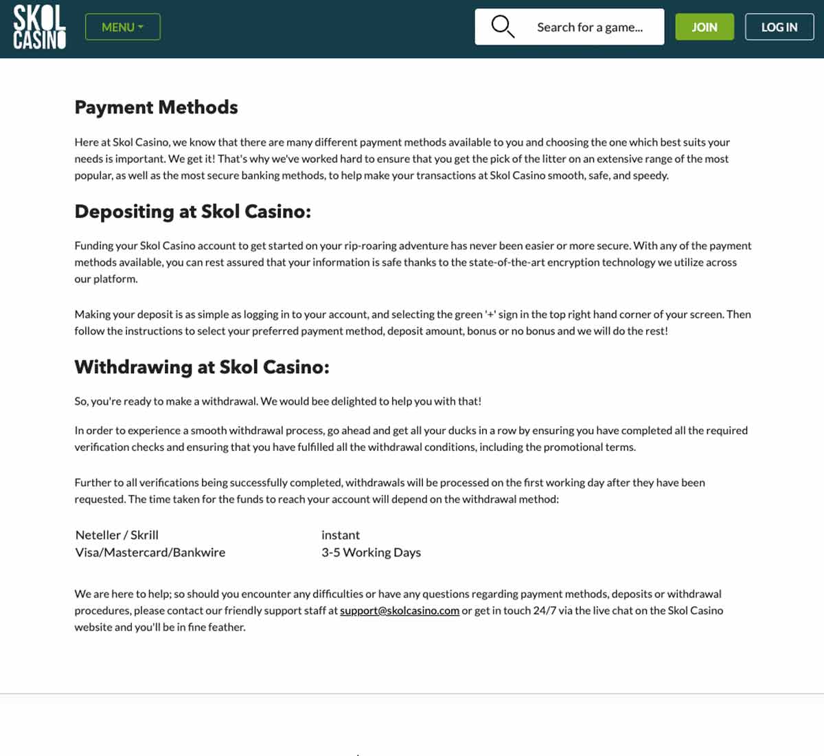 Skol Casino desktop payment methods screenshot showing available deposit options including cards, e-wallets and other banking methods - tested Skol Casino desktop payment methods screenshot showing available deposit options including cards, e-wallets and other banking methods - tested