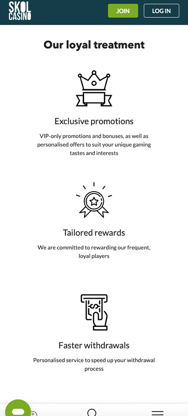 Skol Casino mobile VIP section screenshot showing loyalty rewards, VIP levels and exclusive bonuses on smartphone interface - tested