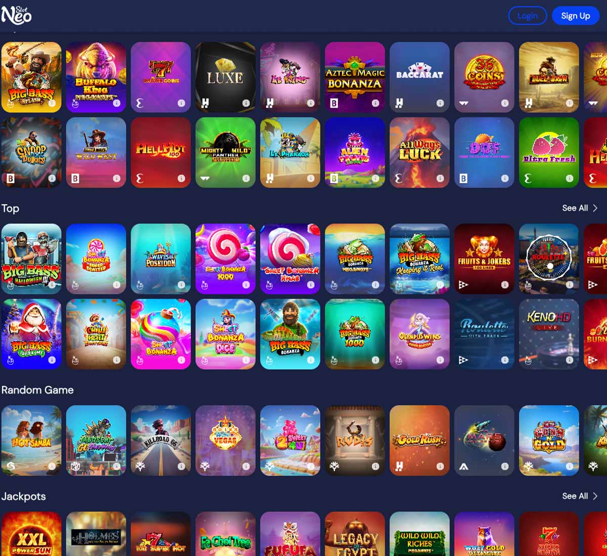 SlotNeo Casino desktop homepage screenshot showing main navigation, featured games and promotional banners - tested