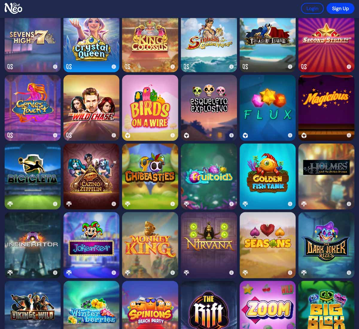 SlotNeo Casino desktop slots screenshot showing multiple slot categories, featured games and provider filters - tested