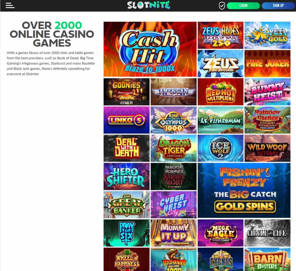 Slotnite Casino desktop homepage screenshot showing hero banners, navigation menu, featured games and promotional sections on the main landing page - tested