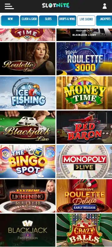 Slotnite Casino mobile live casino screenshot showing live dealer tables, game thumbnails and lobby interface on smartphone - tested