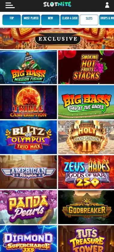 Slotnite Casino mobile slots screenshot showing slot game library with featured titles, categories and navigation on smartphone interface - tested