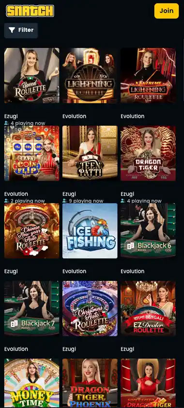 Snatch Casino mobile live casino screenshot showing live dealer tables, game thumbnails and lobby interface on smartphone - tested
