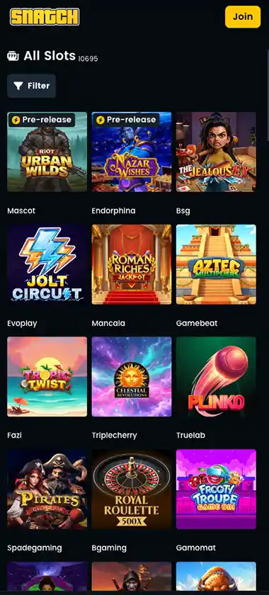 Snatch Casino mobile slots screenshot showing slot game library with featured titles, categories and navigation on smartphone interface - tested