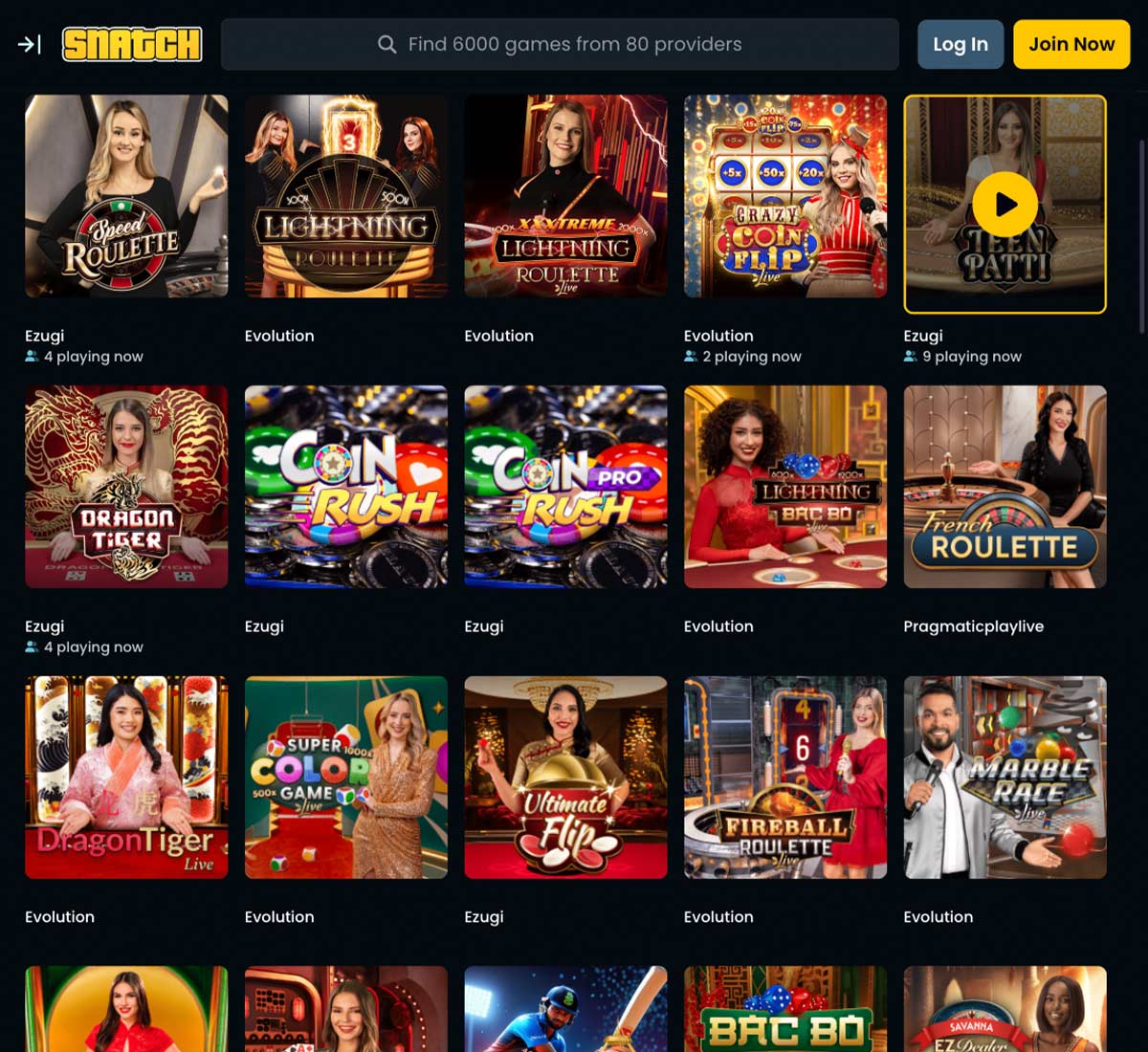 Snatch Casino live casino games collection review screenshot displaying live dealer tables, game selection and categories within the live casino lobby - tested