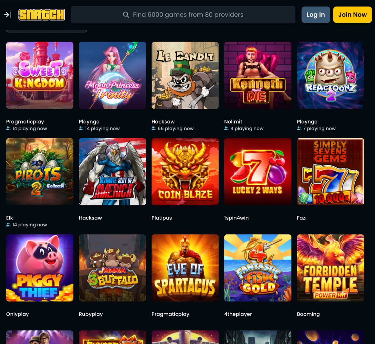 Snatch Casino slots variety review screenshot showing diverse slot game selection with categories, featured titles and game thumbnails on desktop interface - tested