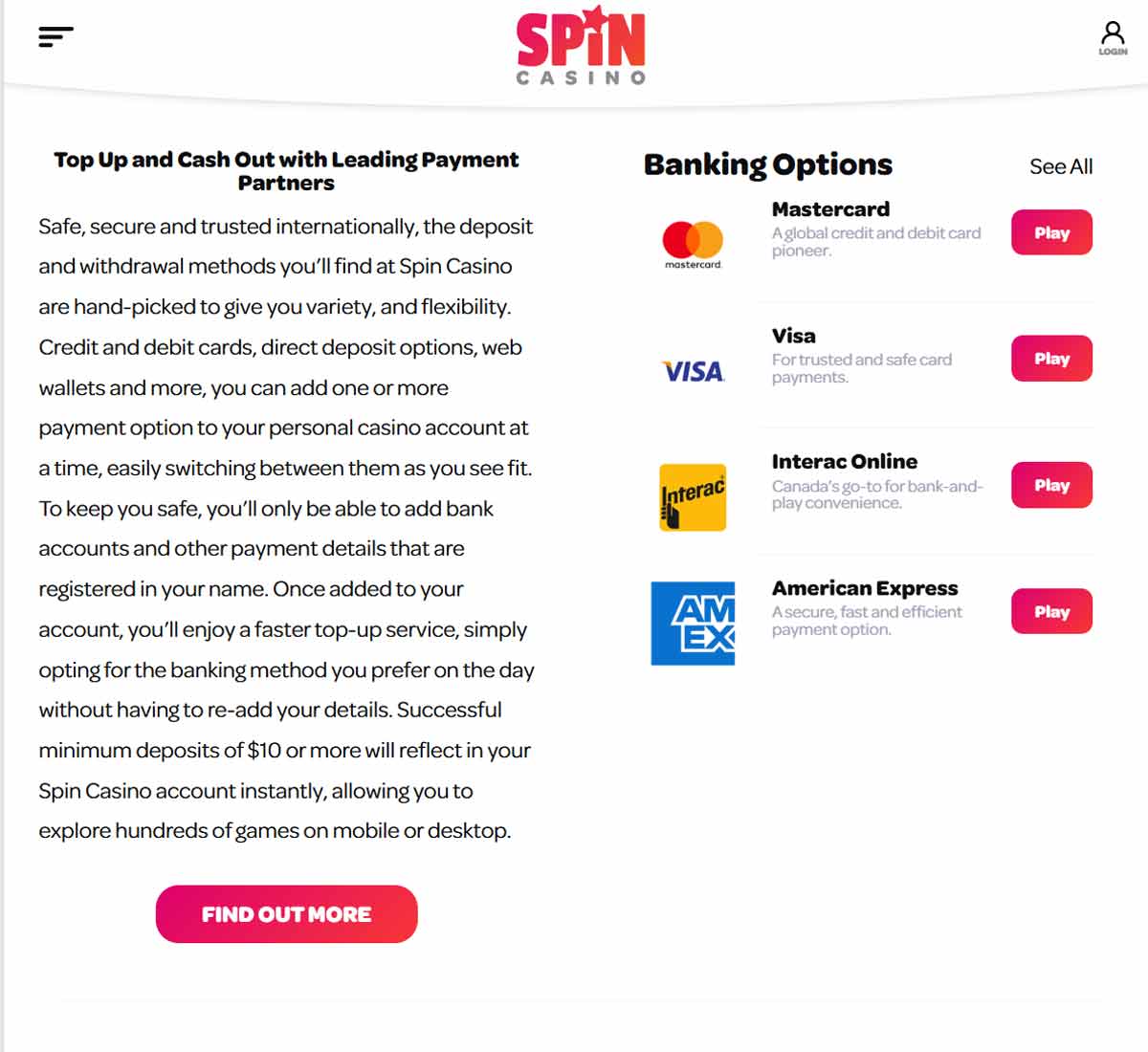 Spin Casino desktop banking options screenshot displaying available deposit and withdrawal methods including cards, e-wallets and cryptocurrencies - tested