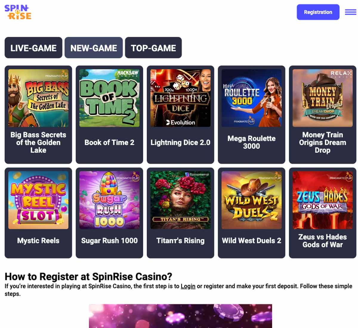 Spinrise Casino desktop new games screenshot displaying recently released titles with categories, featured games and filtering options on widescreen interface - tested Spinrise Casino desktop new games screenshot displaying recently released titles with categories, featured games and filtering options on widescreen interface - tested