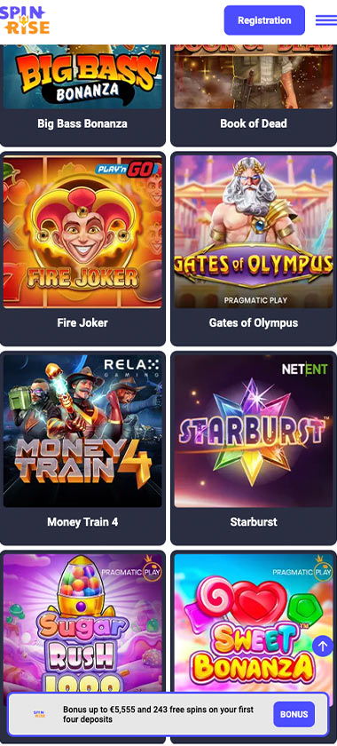 Spinrise Casino mobile top games screenshot showing featured popular titles, game thumbnails and navigation on smartphone interface - tested Spinrise Casino mobile top games screenshot showing featured popular titles, game thumbnails and navigation on smartphone interface - tested