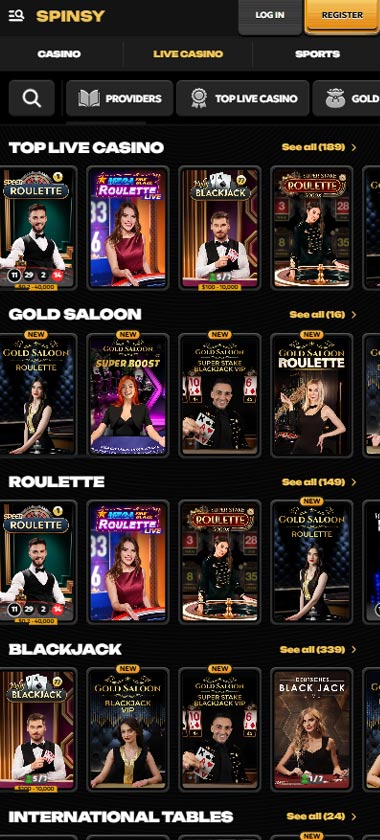 Spinsy Casino mobile live casino screenshot showing live dealer tables, game thumbnails and lobby interface on smartphone - tested Spinsy Casino mobile live casino screenshot showing live dealer tables, game thumbnails and lobby interface on smartphone - tested