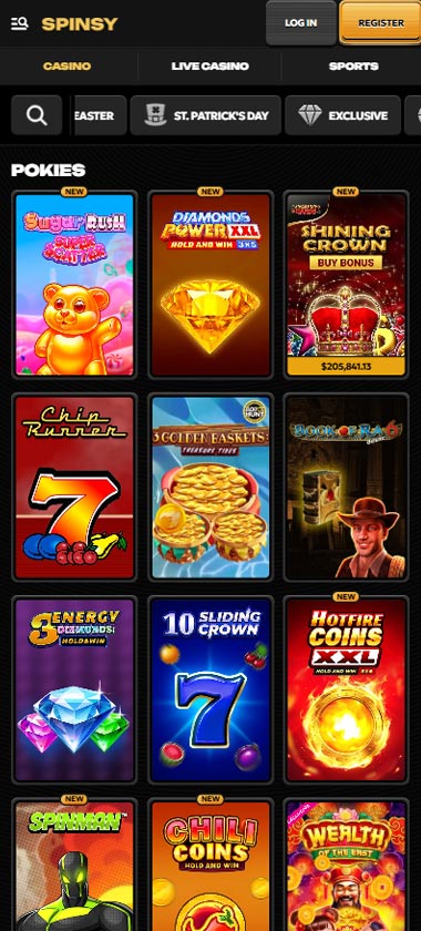 Spinsy Casino mobile slots screenshot showing slot game library with featured titles, categories and navigation on smartphone interface - tested Spinsy Casino mobile slots screenshot showing slot game library with featured titles, categories and navigation on smartphone interface - tested